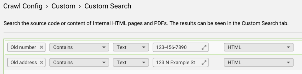Custom search crawl configuration in Screaming Frog to identify outdated information