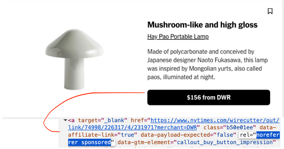 Example of rel=“sponsored” link on Wirecutter article